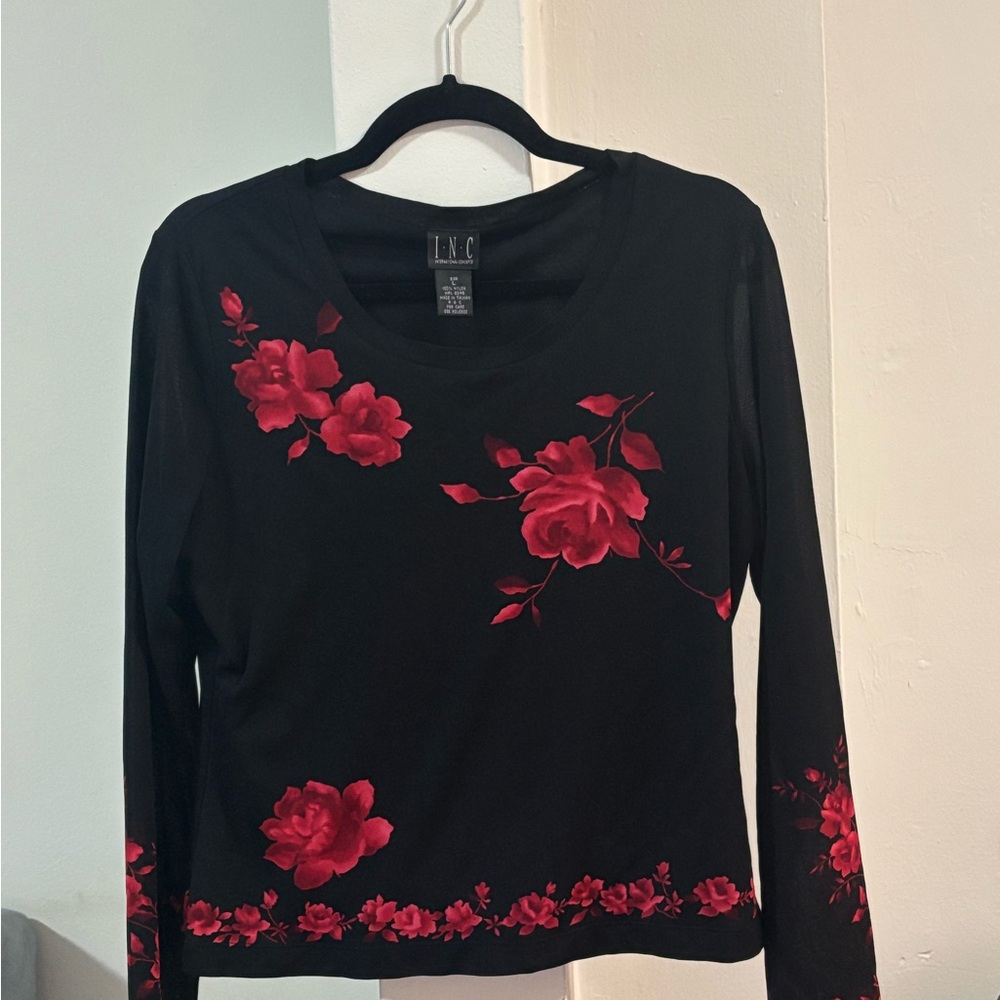 INC International Concepts Black Long Sleeve with Red Floral Accents